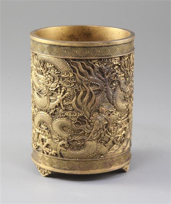 A Chinese gilt copper brush pot, Bitong, possibly Qing dynasty, 13.5cm